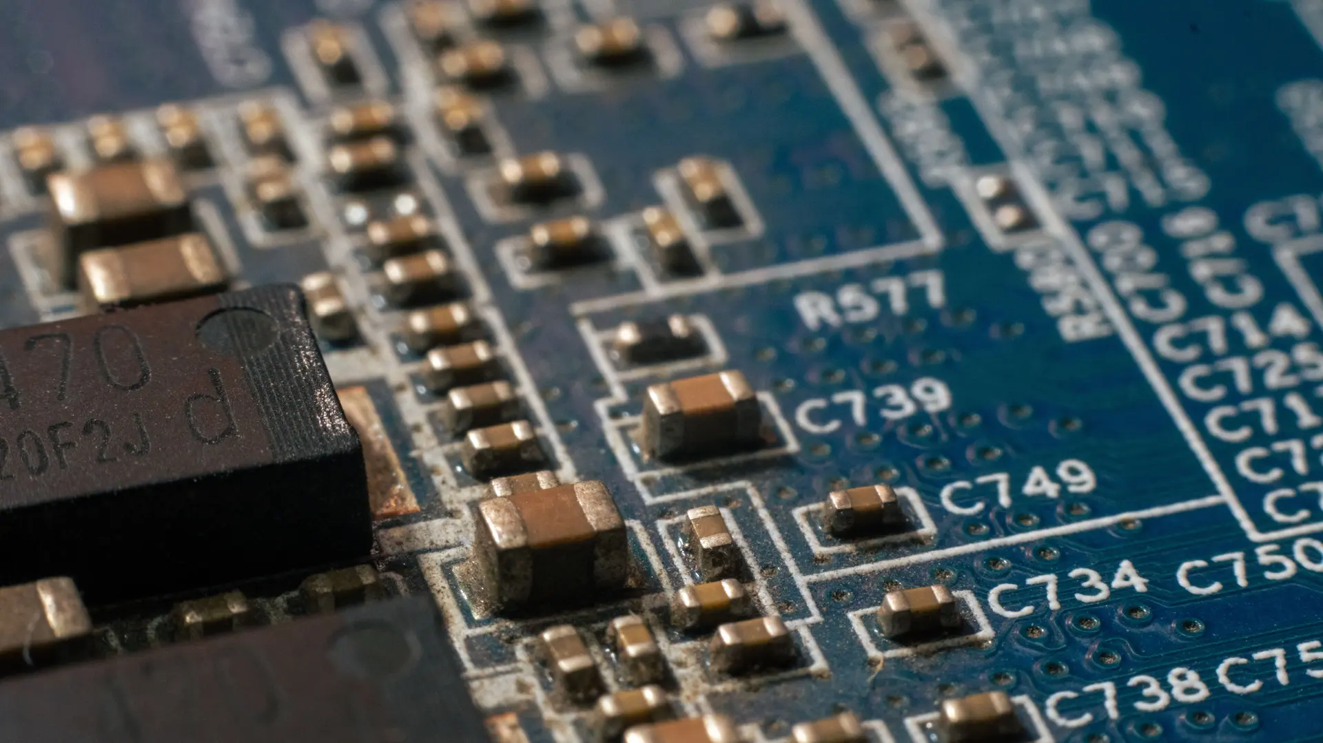 Close-up of components on an industrial printed circuit board