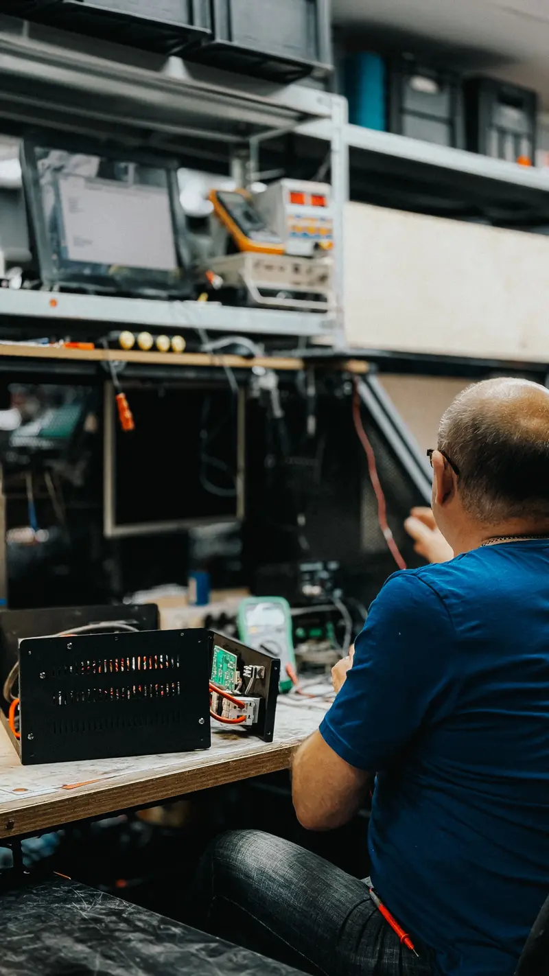 Organised industrial electronics repair bench with test equipment
